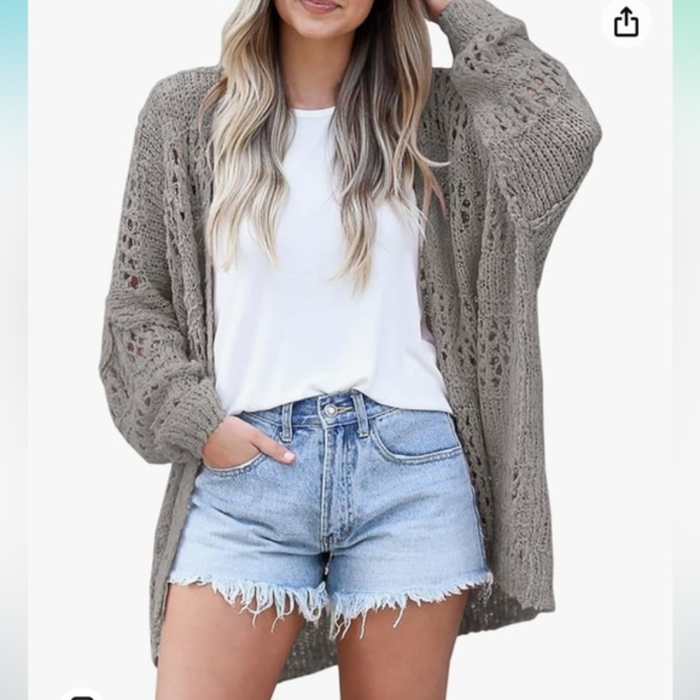 Pink Rose sz XS grey BOHO crocheted knit open front handkerchief sides cardigan